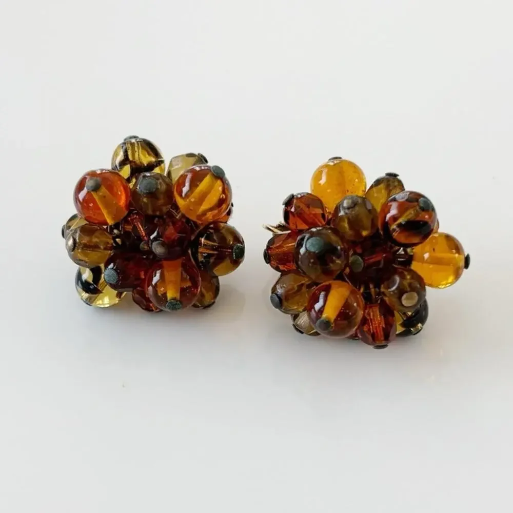 Vintage Marvella Cluster Bead Clip On Earrings Amber